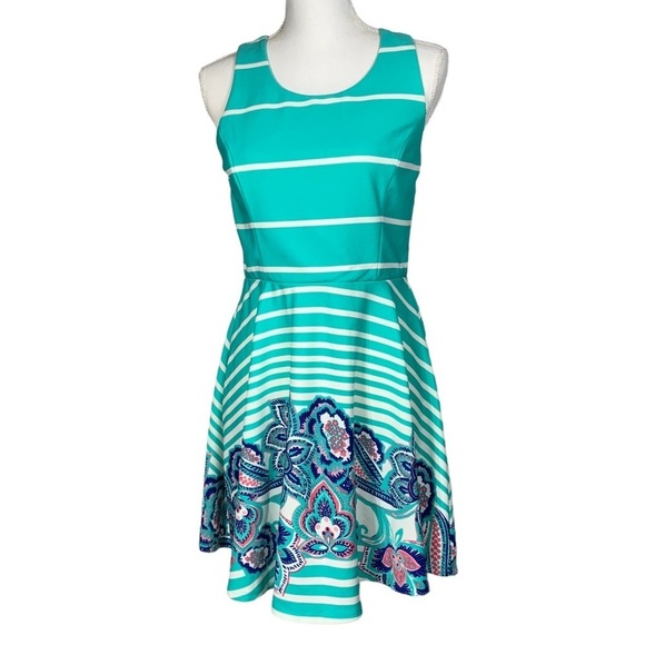As U Wish Cut Out Skater Dress Mini Flare Stripe Floral White Teal Junior Large - Picture 2 of 16